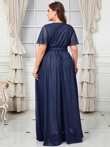 Image of Women's Plus Size Formal Dress Sparkly V Neck Ruffle Sleeve A Line Evening Gown Wedding Guest Bridesmaid Dresses