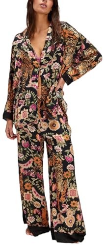 LILTWIST Silk Satin Pajamas Set for Women 2 Piece Floral Pjs Wide Leg Lounge Pants Set Long Sleeve Button down Pj Shirts Set