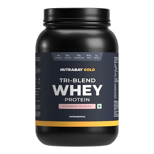 Image of Nutrabay Gold Tri Blend Whey Protein Powder - 1kg, Strawberry Milkshake | 25g Protein, 5.5g BCAA | Concentrate, Isolate, Hydrolyzed Protein | Muscle Growth & Recovery | Gym Supplement for Men & Women