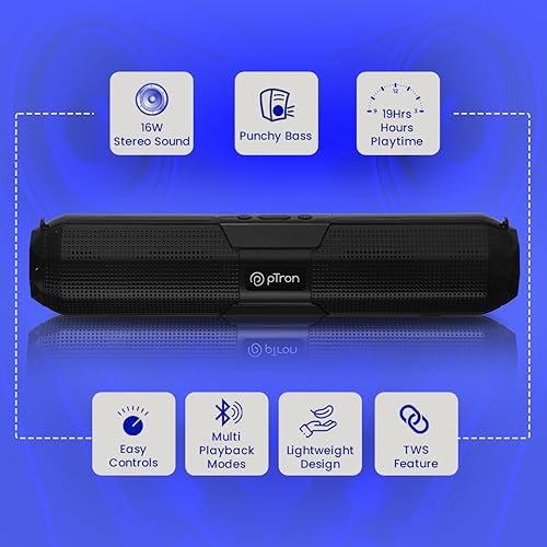 Image of pTron Fusion Beam 16W Bluetooth Soundbar Speaker, Immersive Sound, 19Hrs Playback Time, Soundbar for Phone /TV /Laptop /Tablets /Projectors, BT v5.0 /Aux /TF Card /USB Playback & TWS Pairing (Onyx)
