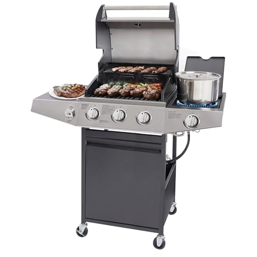 Unovivy Parrilla de gas propano de 3 quemadores con quemador lateral, rejillas de hierro fundido esmaltado en porcelana con 387 pies cuadrados. Área de cocción, 39,650 BTU para cocinar al aire libre