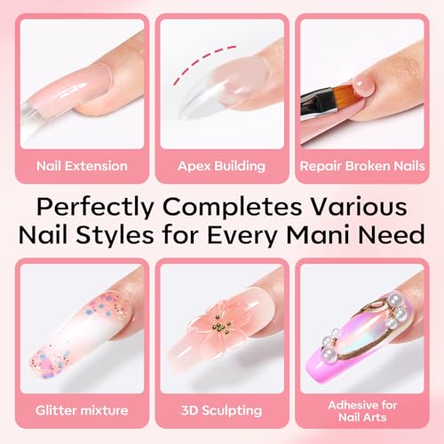 Image of Modelones Poly Gel Nail Kit 3 Colors Clear White Apricot with Slip Solution Dual Nail Forms Top Base Coat Extension Builder Gel Polygel Toenail Kit DIY Nail Art Salon Use