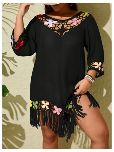 Verdusa Women's Plus Size Boho Hollow Out Floral Fringe Beach Cover Up Dress 3/4 Sleeve Tunic Dress3
