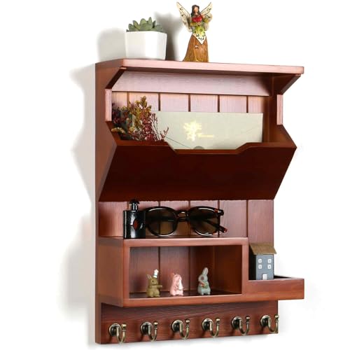HEKFL Key Holder for Wall, Mail Organizer Wall Mounted, Mail and Key Holder with 6 Key Hooks for Home Decor, Pine Wood Auburn