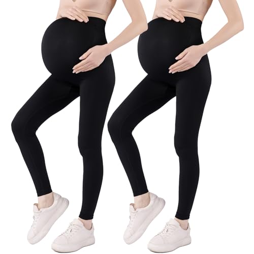 Guzeyina Women's Maternity Leggings Over The Belly Pregnancy Yoga Pants Active Womens Wear Workout Leggings for Tummy Control (US, Alpha, Medium, Regular, Regular, Black x 2)