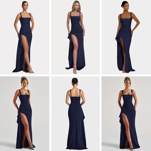 Caviotess Women’s Elegant Square Neck Ruched Formal Maxi Dress Sexy High Split Ruffle Bodycon Long Dress Evening Gown Dark Blue by Caviotess - Used condition - Image 5