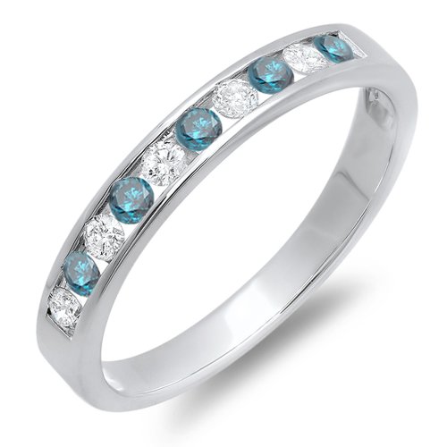 Dazzlingrock Collection 0.40 Cttw 18k Round Blue And White Diamond Anniversary Wedding Stackable Ring Band, Solid White Gold
