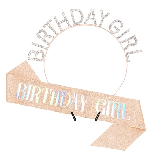 TAROSE Rose Gold Birthday Crown and Sash for Women Birthday Headband Tiara Gifts Outfit Decorations Queen Princess Crystal Rhinestone Hair Accessories