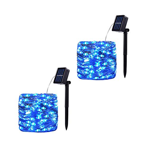 Baimo 2 Pack 100 LED 8 Modes Solar String Lights, 33ft Waterproof Silver Copper Wire Fairy Lights for Christmas, Garden, Patio, Party, Yard, Indoor Outdoor (Blue)