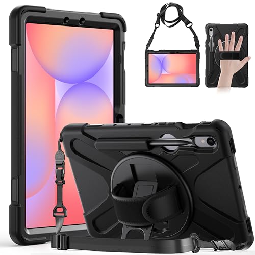 Gerutek Funda Anticaída para Samsung Galaxy Tab S10 FE 2025/Tab S10 Lite 10.9/Tab S9 FE/Tab S9 2023/Tab S8/S7 11', Carcasa Rugosa con Soporte 360° Giratorio, Correa de Mano/Hombro, Portalápices, Negro