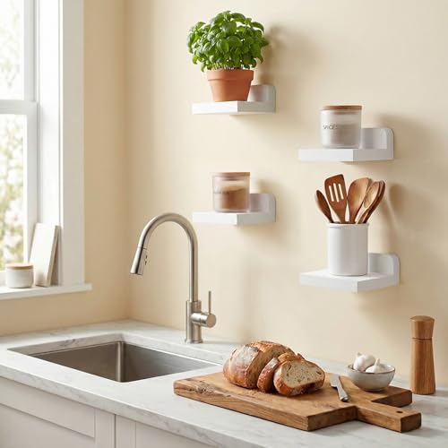 Image of Fixwal Small Floating Shelves for Wall Decor (5Inch, Wood, White, Set of 4) | Rustic wood shelf for displaying mini frames, plants, collectibles. Fits bedroom, living room, bathroom, kitchen, or office.