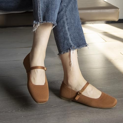 Image of Soesyi Knit Flats for Women Square Toe Flats Casual Ballet Flats with Ankle Strap,Mary Jane Shoes Women Comfortable for Dressy Office