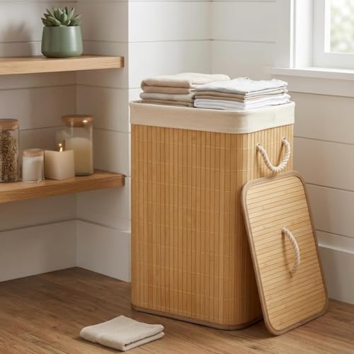 Image of 81L Laundry Basket with Lid, Foldable Bamboo Clothes Hamper, Eco-Friendly Storage Bin for Bedroom, Bathroom & Kids Room (Light Brown, 40x30x60 cm)