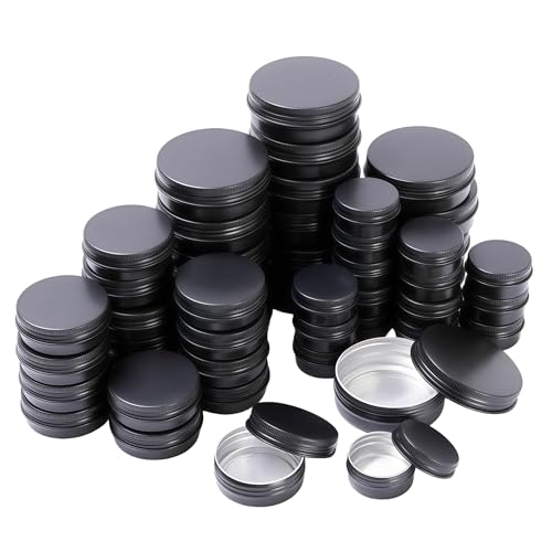 LJY Aluminum Tin Jar Refillable Containers Round Tin Container Bottle for DIY Projects,Gifts,Cosmetic,Cream,Diamond ，Balm Candle Salve Lip Balm Tins(Black, 48 Pcs 2oz/1oz/0.5oz)