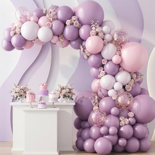 Image of RUBFAC Dusty Purple Balloons 129pcs Different Sizes Pack of 18 12 10 5 Inch, Latex Light Lavender Lilac Balloon Garland Arch Kit for Wedding Baby Shower Gender Reveal Birthday Party Decorations