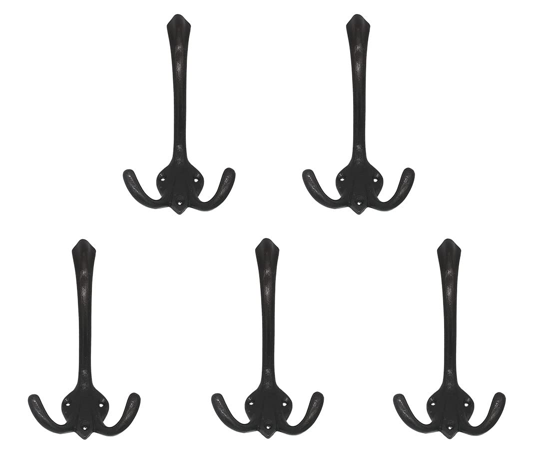 5 Wandhaken Garderobenhaken Kleiderhaken mit Schrauben, Gusseisen klar lackiert (Dunkelgrau), vintage antik doppel zweifach Haken