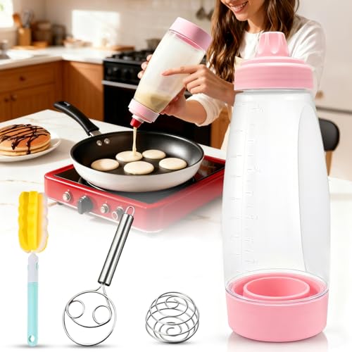 Image of Pancake Batter Dispenser Bottle Kit - 4.5-Cup Pancakes Mixer with Shaker Ball Stainless Steel Whisk and Brush,Squeeze Tool for Pink Kitchen Accessories Gifts