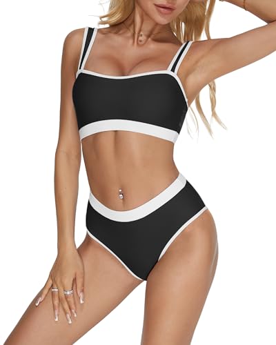 MOOSLOVER Women Bandeau High Waisted Bikini Sets Cheeky High Cut Swimsuit 2 Piece Bathing Suits4