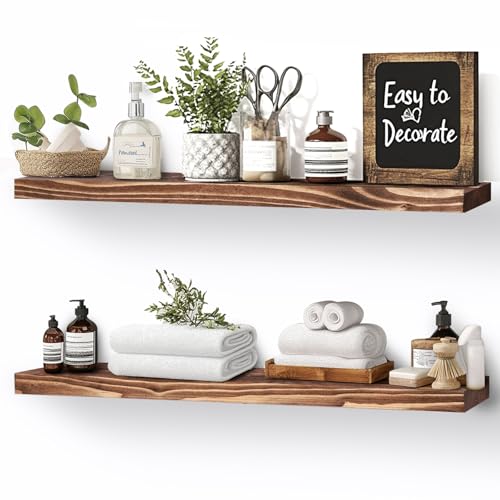 Floating Wall Shelves 2-Pack - Rustic Brown 16-inch Wooden Wall S...