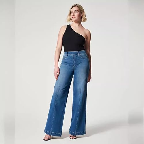 Wen Xiangyan Jade High-Waisted wash Jeans, Comfortable Elasticated Waistband, Stretch Wide-Leg Jeans
