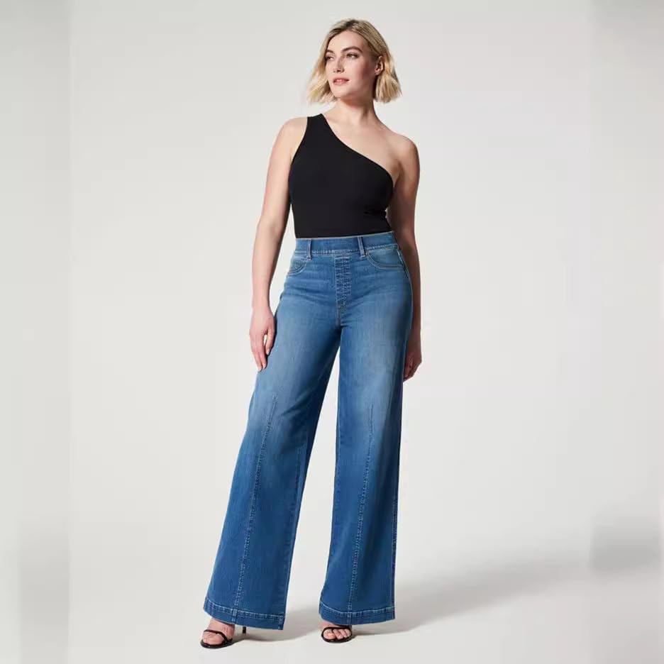 High-Waisted wash Jeans, Comfortable Elasticated Waistband, Stretch Wide-Leg Jeans