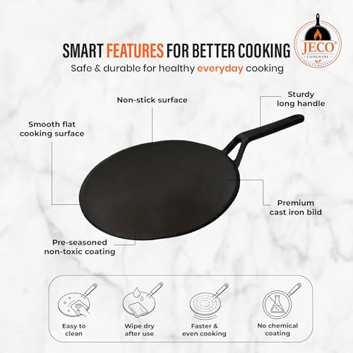 Image of Cast Iron Roti Tawa with Handle|Pre-Seasoned Non-Stick Iron Tawa for Roti /Dosa /Chilla |Heavy Duty Non-Toxic Cookware |Stove & Induction Compatible | Black, 28cm, 2kg