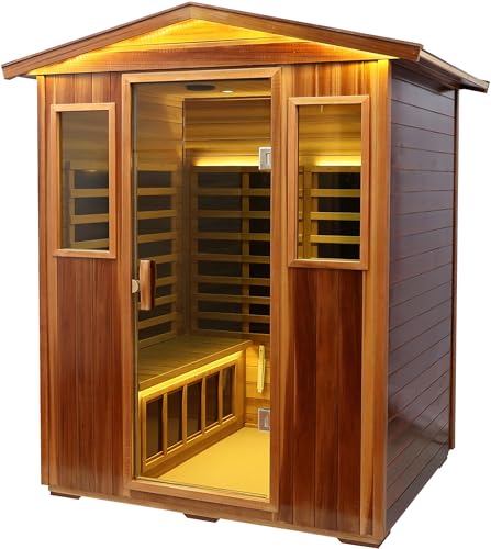 Image of Outdoor Red Cedar Sauna 4 Person Far Infrared Sauna, Red Cedar, Withstand Outdoor Temp -10℉-149℉| Low EMF Sauna Room for Home-12 Low EMF Boards-Chromotherapy-Bluetooth Speakers (68.1*52.4*82.7 inch)