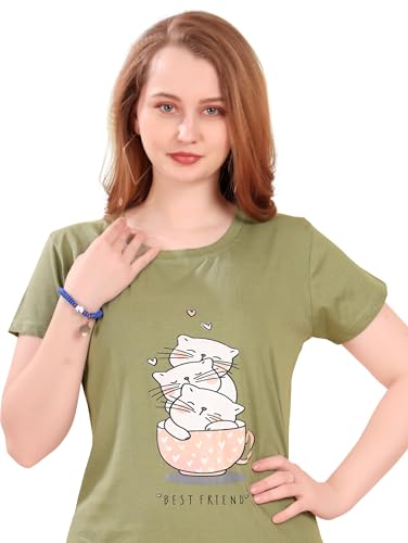 Image of Printed Knee Length Pocket Night Dresses for Women | Cat Lovers | Premium Soft Cotton Nighty | Sky Blue