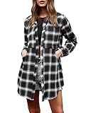 Hotouch Womens Flannel Plaid Shirts Roll Up Long Sleeve Pockets Mid-Long Casual Boyfriend Shirts Black and White L