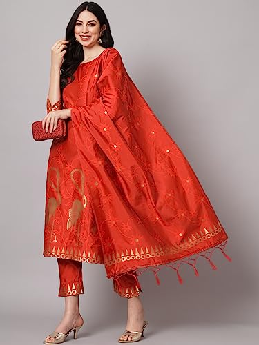 Image of VredeVogel Women's Cotton Silk Jacquard Kurta Pant Set with Banarasi Silk Dupatta