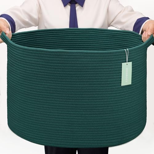 Image of Large Cotton Rope Blanket Basket, 87L Laundry Hamper, Dark Green