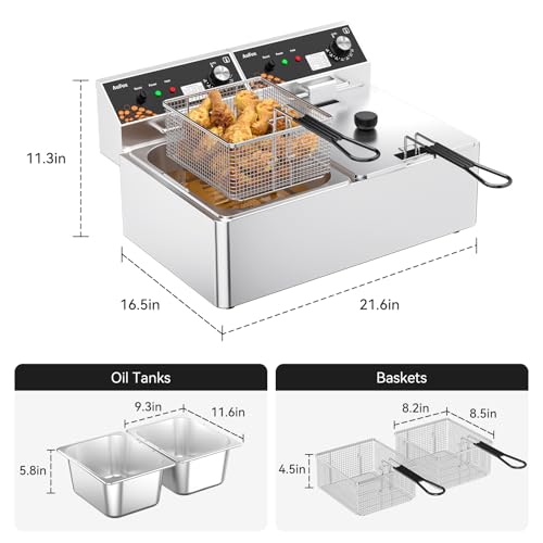 Commercial Deep Fryer 20L/21Qt Dual Tank Countertop Fryer 1.0mm Thickened Stainless Steel 3400W Electric Immersion Deep Fryers with Basket Adjustable Temperature for Restaurant - Thumbnail 2