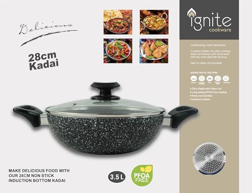 Kadai Wok anti-adhésif en marbre avec couvercle en verre sans PFOA pour une cuisine saine Compatible avec tous les feux, y compris l'induction 28 cm – Image 6