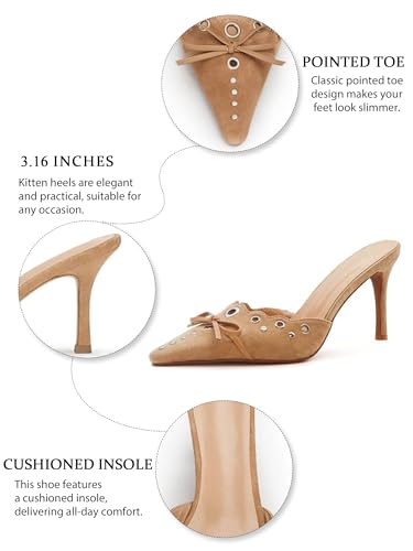 Kitten Heels for Women Pointed Toe Heels Studded Slip On Bow Heels Mules Faux Suede Sandals Kitten Heel Pumps 5