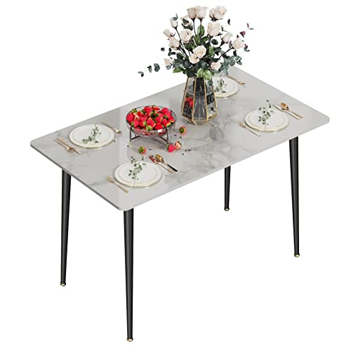 FATIVO Mesa Comedor Mármol Blanca de Cocina: Mesa de Jantar Rectangular Estilo Nórdico Moderno de Piedra Sinterizada con Patas de Metal para 4-6 Personas 120 x 70 x76 cm