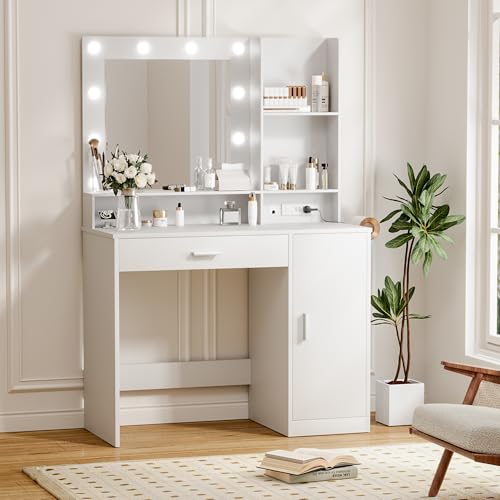 image for Furmax Vanity Desk with Lighted Mirror 3 Modes & Power Outlets, Makeup
