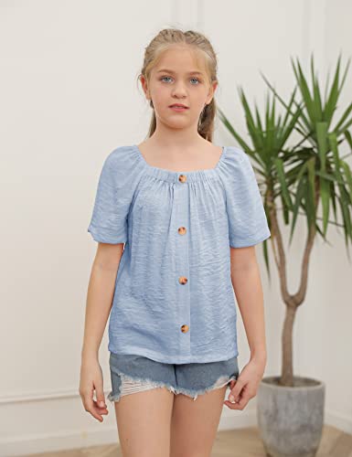 Girls Summer Blouses Short Sleeve Square Neck Button Down Tee Shirts Solid Casual Loose Fit Tops Blue #TOP4