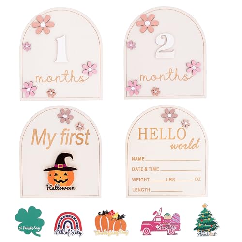 Monthly Baby Milestone, Wooden Floral Monthly Milestone, Baby Announcement Sign, Hello World Newborn Signs Cards, Newborn Photography Props, Document Your Baby's Growth