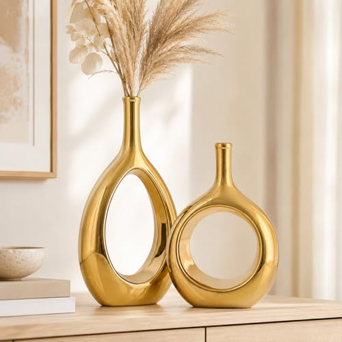 Glossy Gold Ceramic Vase Set 2,Modern Hollow Circle with Hole