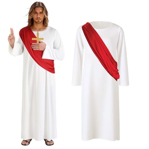 FainFun Deguisement Jesus Homme, Costume Jesus for Men, Christ Robe Blanche Écharpe Rouge avec Collier Croix, Adulte Costumes Halloween Noël Pâques Dress Up Party...