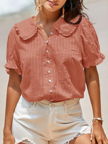 Image of Tankaneo Womens Puff Sleeve Shirts Peter Pan Collar Button Down Cotton Blouse Casual Summer Textured Tops