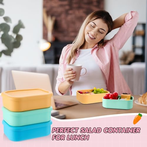 Image of Layhit 6 Pcs Silicone Bento Box for Adults, 27 oz Bento Lunch Container Reusable Food Container for Women Men, Leak Proof Microwave Dishwasher Freezer Safe (3 Compartments,Fluorescent Multicolor)
