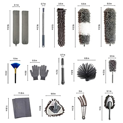 Image of Duster Household Cleaning Supplies Kit 16pcs Microfiber Feather Duster 100in Extension Pole Reusable Bendable Cobweb Duster Window High Ceiling Fan Gap Cleaner
