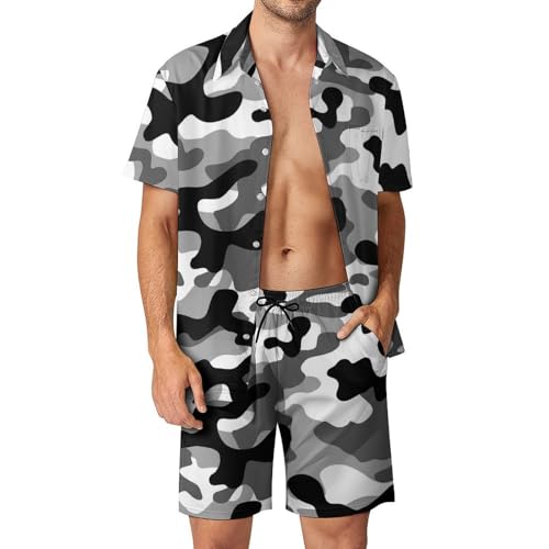 Military Camouflage Black And White Hunting Men's Tropical Casual Short Sleeve Two Piece Suit
