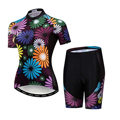 Women's Short Sleeve Cycling Jersey Quick Dry MTB Clothing Bike Top + 3D Shorts Set Flower Purple L