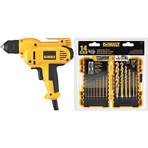 DEWALT DWD115K 8 Amp 3/8-Inch VSR Mid-Handle Grip Drill Kit with Keyless Chuck with DEWALT DW1354 14-Piece Titanium Drill Bit Set