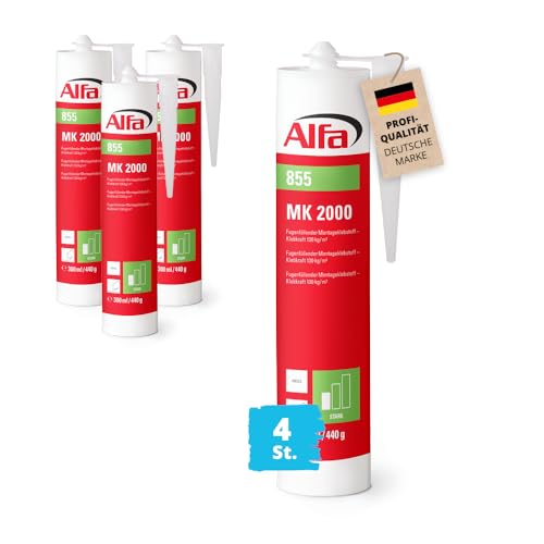 4x Alfa Montagekleber MK 2000 extra stark 440 g weißer Montagekleber mit hoher Anfangshaftung zur Befestigung von Sockelleisten