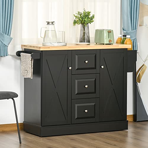 HOMCOM-Rolling-Kitchen-Island-with-Storage-Kitchen-Cart-with-Wood-Top-3-Drawers-and-2-Barn-Door-Style-Cabinet-Adjustable-Shelves-Spice-Rack-Black HOMCOM Rolling Kitchen Island with Storage Kitchen Cart with Wood Top 3 Drawers and 2 Barn Door Style Cabinet Adjustable Shelves Spice Rack Black