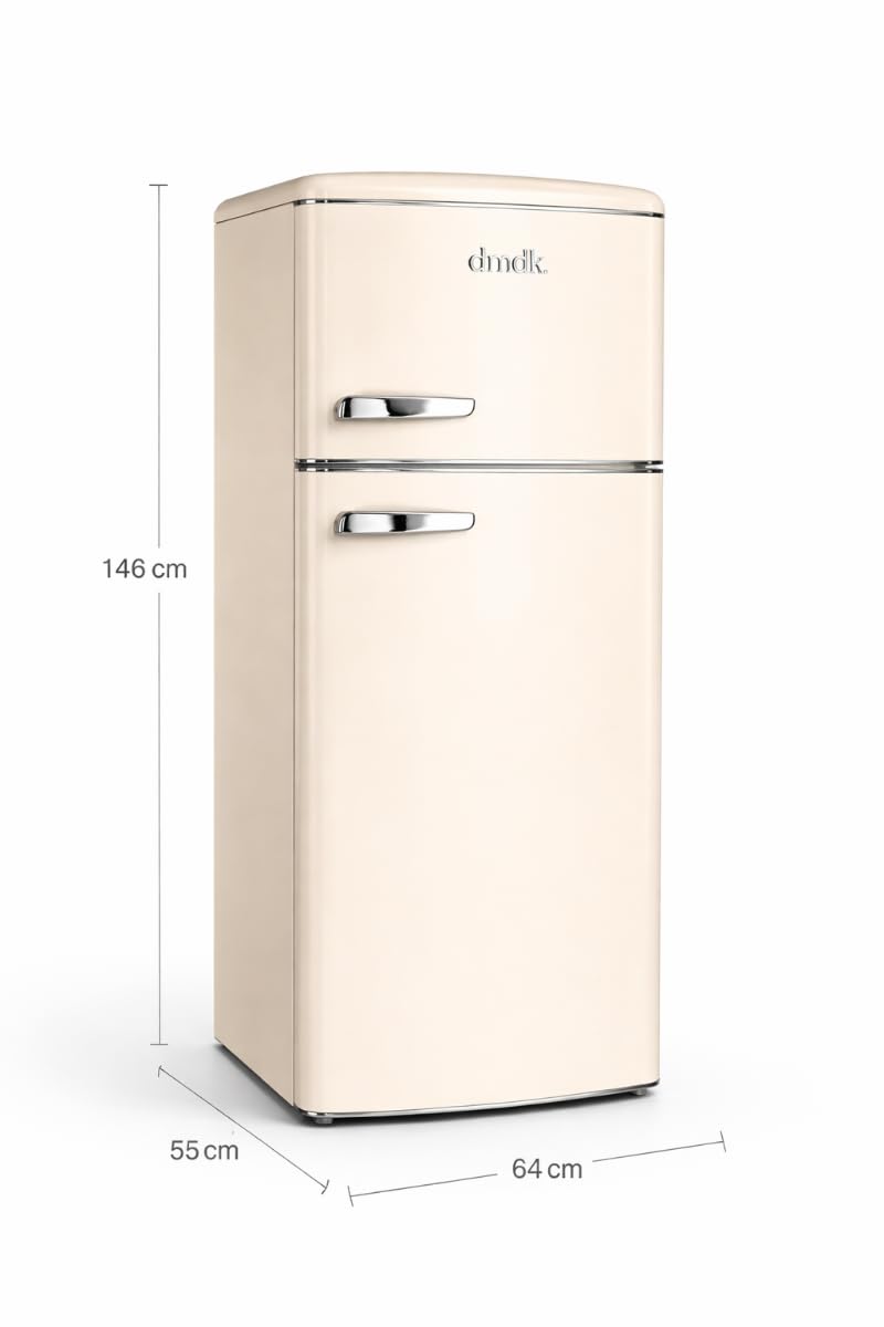 DMDK DKC2 Independiente Refrigerador/Congelador, 206 L Contenido neto, 4 estantes ajustables, bandeja grande para verduras, crema, clase energética E