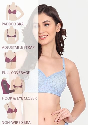 Image of Women Flower Printed Padded Bra - Made of Pure Cotton Full Coverage Non Wired Soft Cup for T-Shirt Saree Dress for Everyday